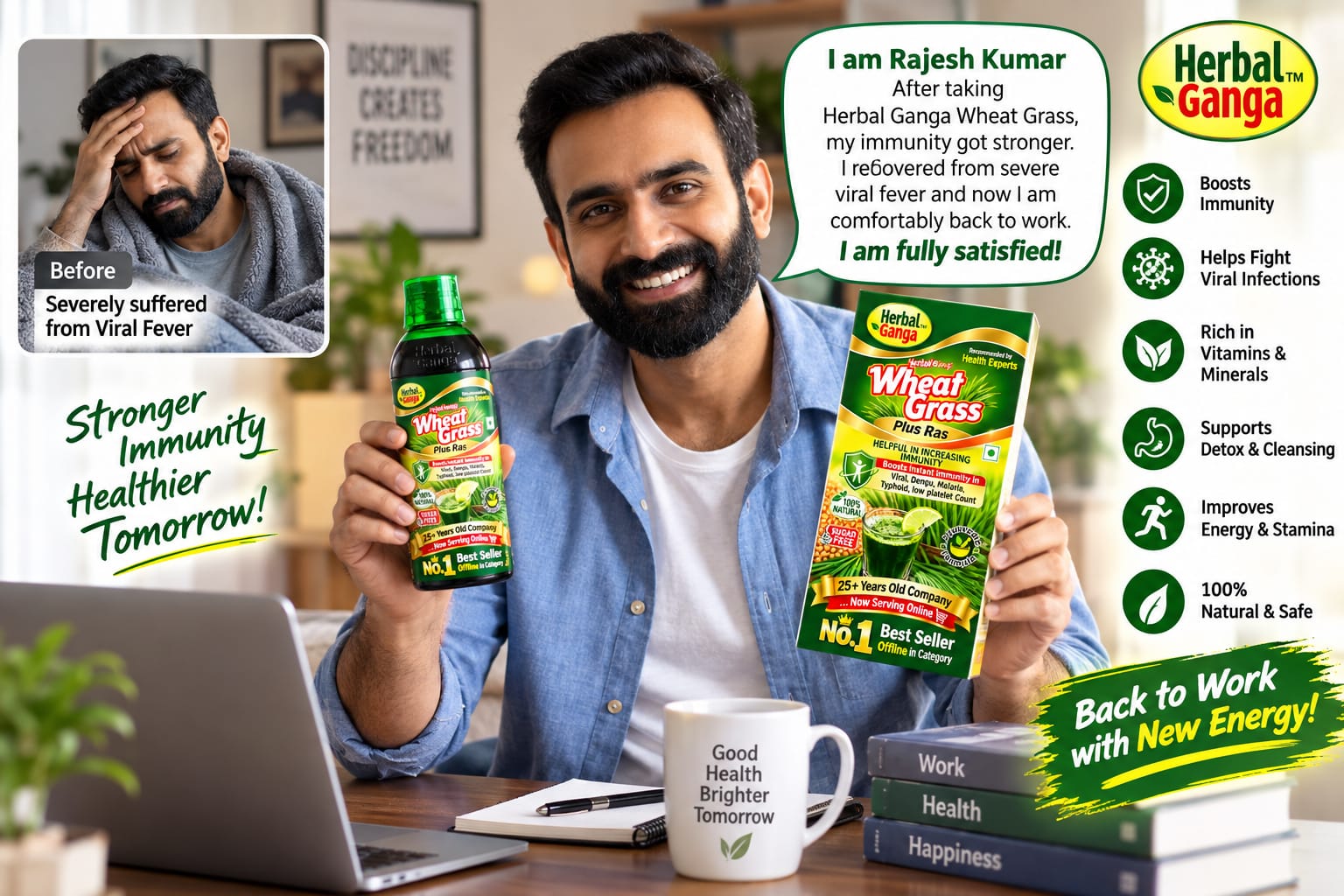 Customer testimonial Rajesh Kumar for Herbal Ganga Wheat Grass Plus Ras